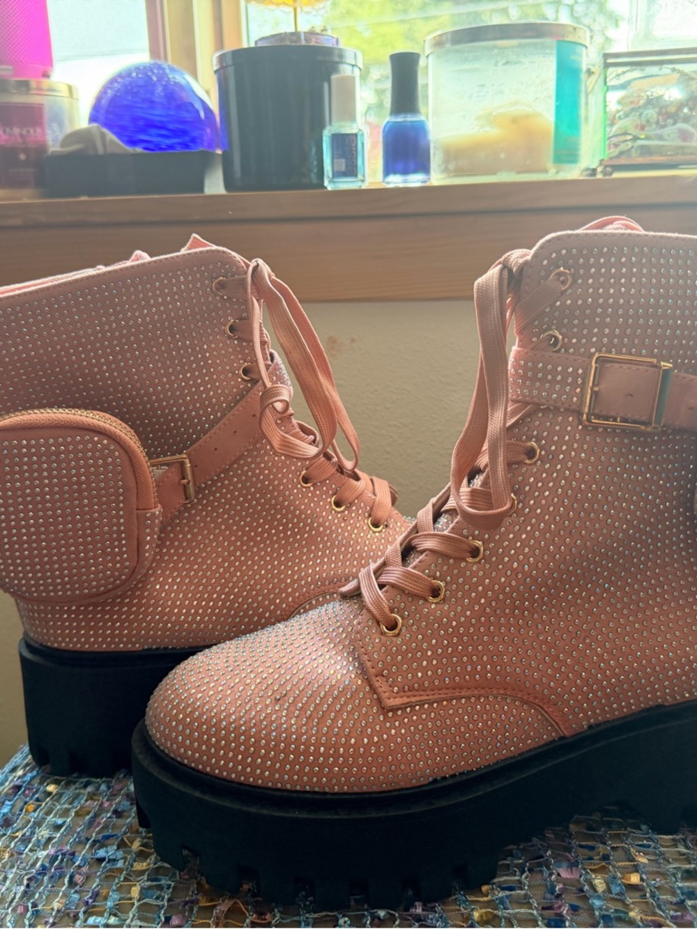 Rogue Pink Studded Lace-Up Platform Combat Boots